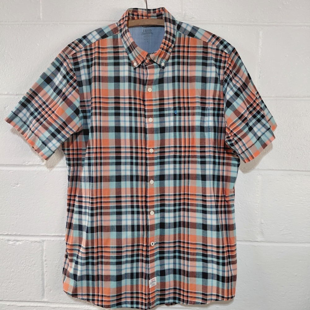 IZOD Saltwater Chambray Plaid Shirt LARGE Blue Orange Short Sleeve Button Down